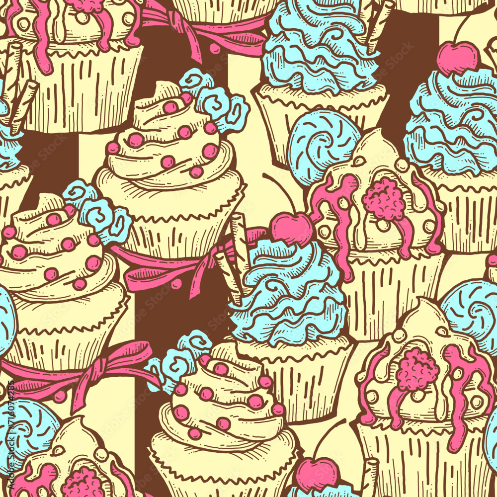 Tasty sweet cupcake dessert decorative seamless vector pattern for textile design, fabric print, digital or wrapping, wall paper, background and backdrop, bakery shop decoration, cafe, restaurant menu Tasty sweet cupcake dessert decorative seamless vector pattern for textile design, fabric print, digital or wrapping, wall paper, background and backdrop, bakery shop decoration, cafe, restaurant menu