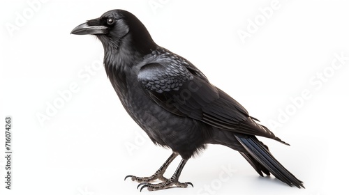 A black crow standing on its feet, displaying its sleek feathers and sharp beak. photo