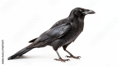 A black crow perched on a white background, showcasing the contrast between its dark feathers and the bright backdrop. 