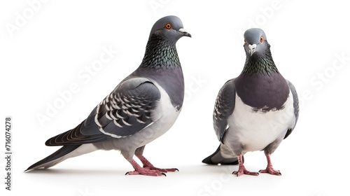 Two pigeons standing together on a white background.
