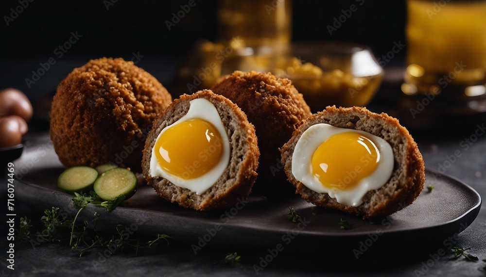 Scotch Eggs Platter, crispy Scotch eggs cut in half to reveal the soft yolk, served with mustard Scotch Eggs Platter, crispy Scotch eggs cut in half to reveal the soft yolk, served with mustard