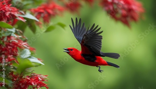 Scarlet Tanager in Mid-Flight, a scarlet tanager bursting into flight among the emerald leaves 