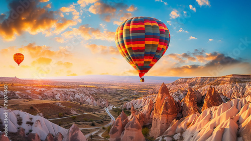 colorful hot air balloon gently floats over the unique, fairy-tale rock formations of Cappadocia photo