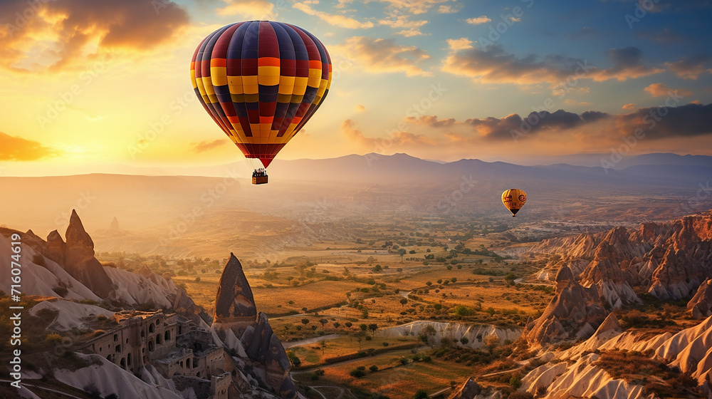 hot air balloon over cappadocia. a couple marvels at the fairy-tale landscape of Cappadocia