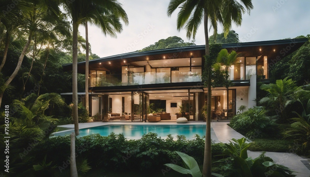 Tropical Modern Bungalow, a bright, open-plan house surrounded by lush tropical greenery
