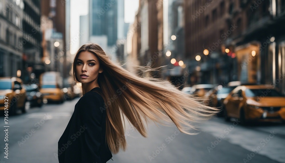 Fototapeta premium Ultra-Long Sleek Extensions, dramatically long and sleek hair extensions, the model standing