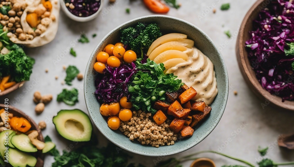 Vegan Buddha Bowl, a healthy and colorful vegan bowl with quinoa, kale, roasted veggies, and tahini Vegan Buddha Bowl, a healthy and colorful vegan bowl with quinoa, kale, roasted veggies, and tahini