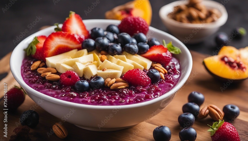 Vibrant Acai Bowl, a colorful blend of acai topped with an array of fresh, vividly colored fruits Vibrant Acai Bowl, a colorful blend of acai topped with an array of fresh, vividly colored fruits