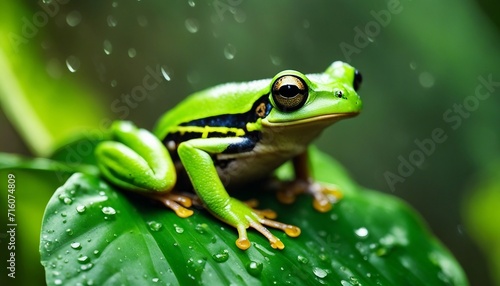 Tree Frog in Rainforest, a vivid green tree frog clinging to a rain-soaked leaf