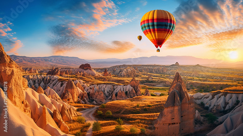 Hot Air Balloon Over Cappadocia gently floats over the unique, fairy-tale rock formations photo