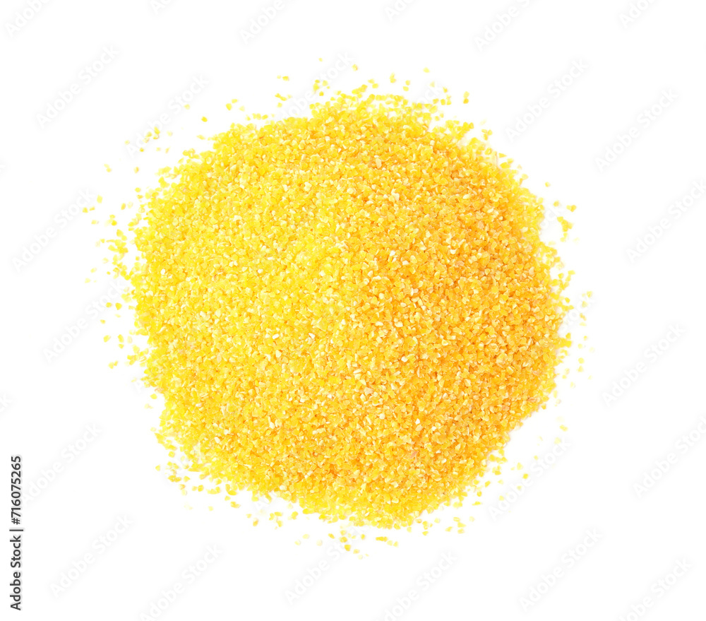 Pile of raw cornmeal isolated on white, top view Pile of raw cornmeal isolated on white, top view