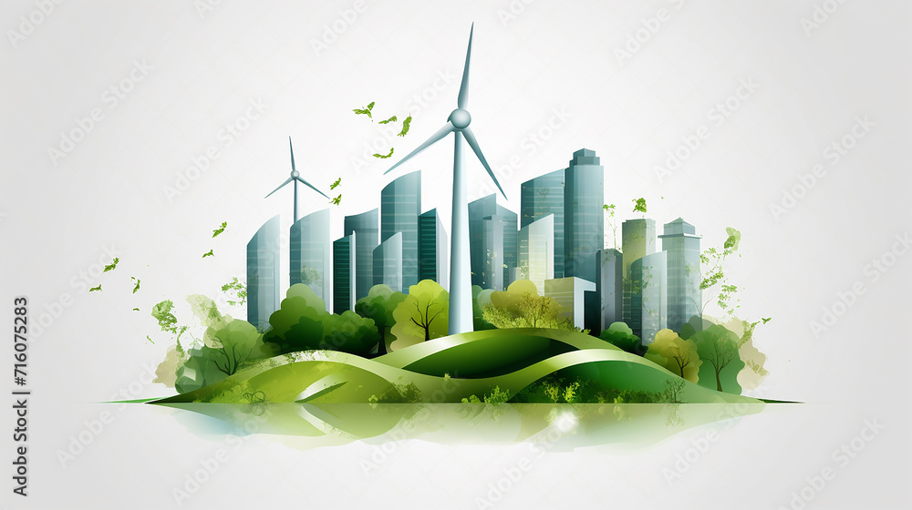 Green Cityscape with Eco-Friendly Wind Turbines in Stylish Light Green and Gray - Functional Urban Sustainability Vector Illustration.