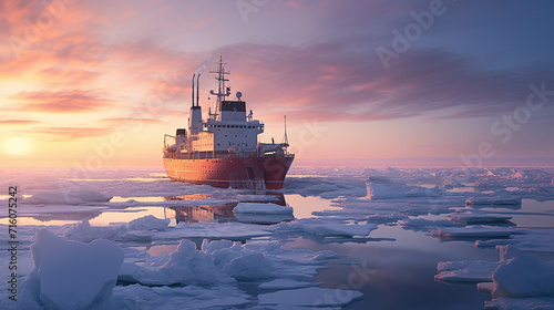 powerful icebreaker ship reinforced hull plows through thick sea ice in Arctic surrounded by stark