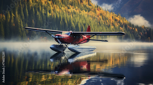 A floatplane descends onto a remote, glassy lake in the Canadian wilderness photo