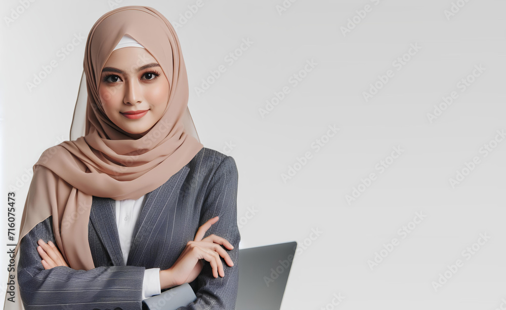 an asian businesswoman in hijab with a confident pose on a white background with copy space an asian businesswoman in hijab with a confident pose on a white background with copy space
