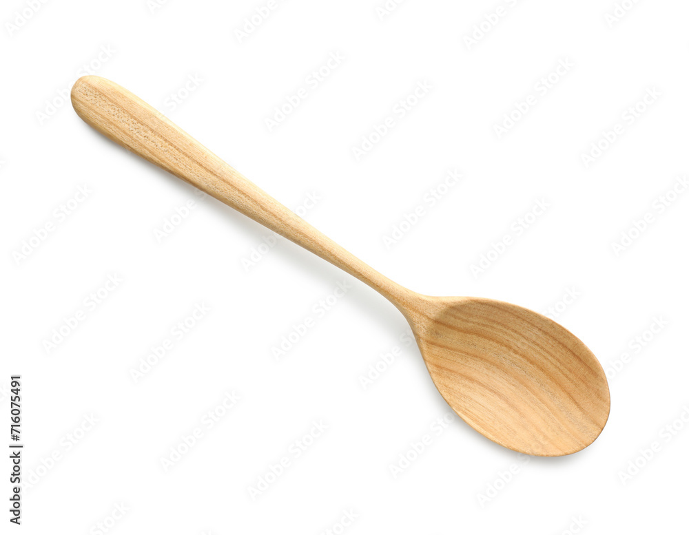 One empty wooden spoon isolated on white, top view One empty wooden spoon isolated on white, top view