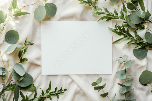 Overhead flat lay view of a blank white invitation stationery card with eucalyptus leaves #716075418