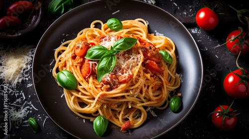 dinner with a menu of delicious Italian spaghetti pasta and tomato sauce