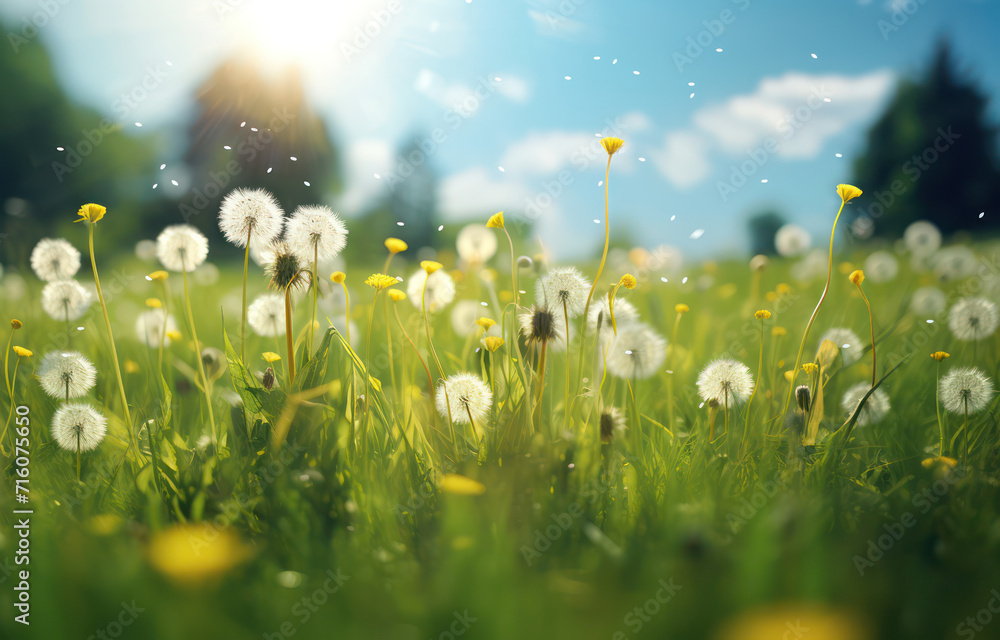 Soft Floral Growth in Green Meadow: A Bright Sunny Day with a Fluffy White Dandelion Blowball in a Blurry Background of Fresh Summer Nature