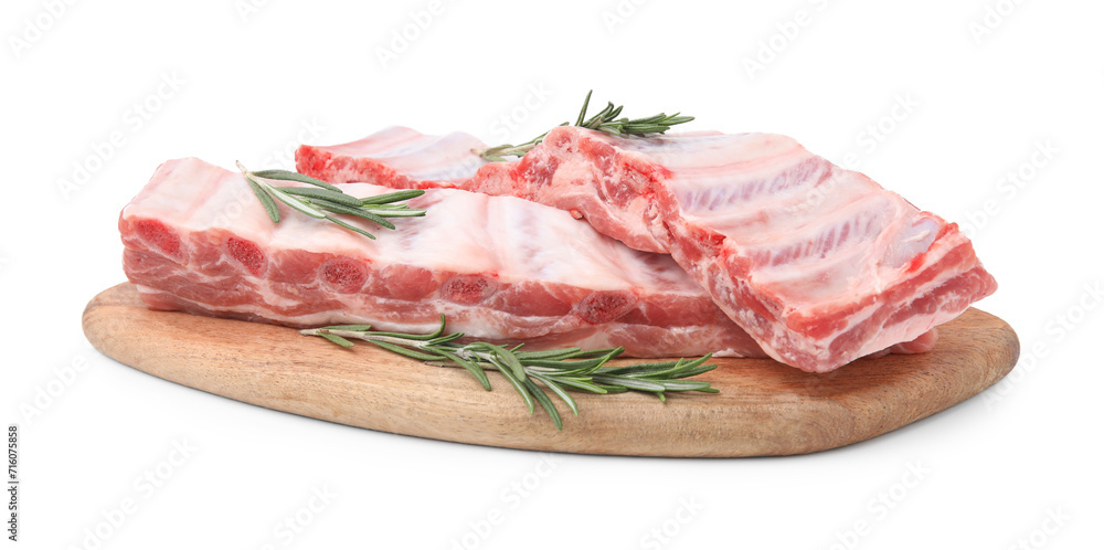 Raw pork ribs with rosemary isolated on white