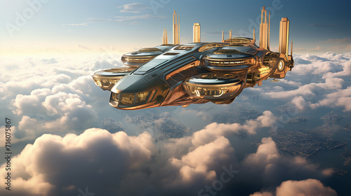 Futuristic Sky Taxi Cloud City flies between towering structures of cloud city, high above the earth photo