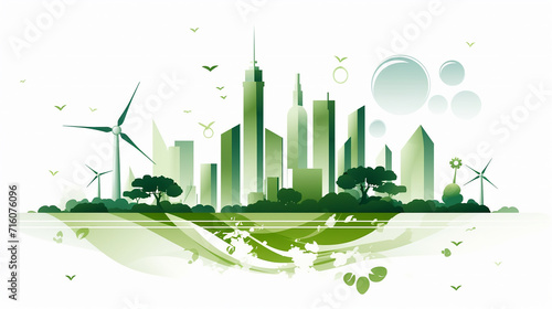 Green Cityscape with Eco-Friendly Wind Turbines in Stylish Light Green and Gray - Functional Urban Sustainability Vector Illustration. photo
