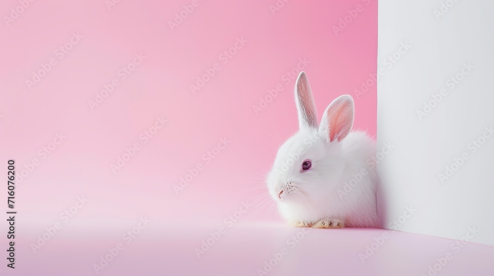 A cute white bunny in minimalist style in neutral setting with copy space. Adorable white bunny in serene atmosphere with space for merchandising. A cute white bunny in minimalist style in neutral setting with copy space. Adorable white bunny in serene atmosphere with space for merchandising.