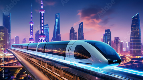 maglev train in a neon lit futuristic city. A cutting-edge maglev train floats above the track