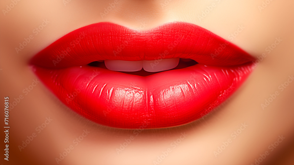 Fototapeta premium Lips painted with red lipstick. Aesthetics and beauty.