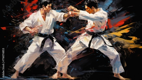 Karate taekwondo martial arts athletes fighting sports, watercolor illustration style. 