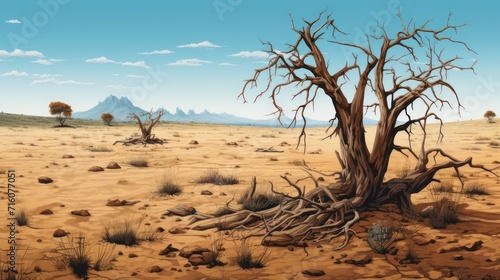 Illustration of dry land, dry dead trees, changing weather. Background wallpaper.