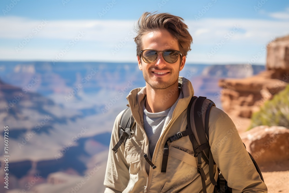 Male traveler with backpack on a scenic hike exploring dramatic canyon views Male traveler with backpack on a scenic hike exploring dramatic canyon views