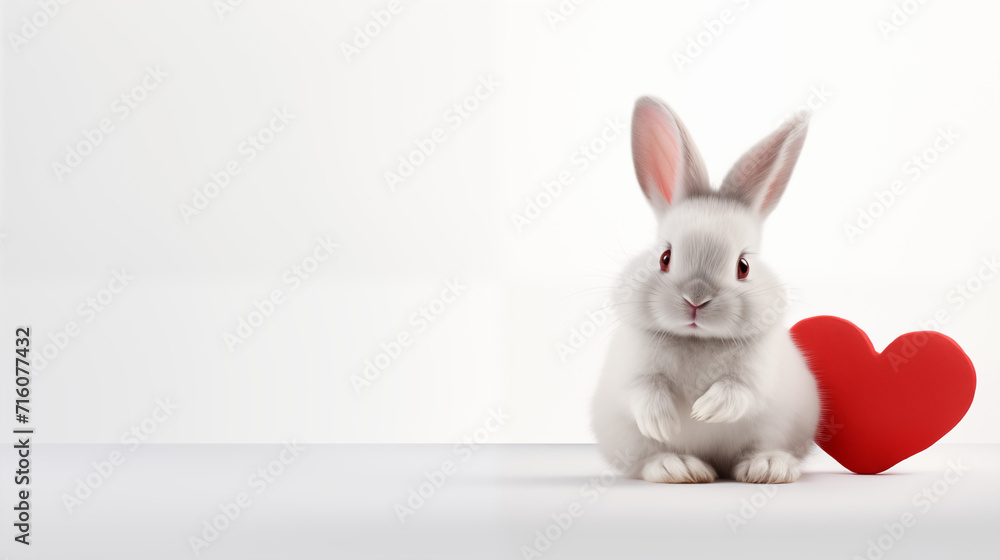 Cute white fluffy rabbit, bunny with a red heart on a white background.