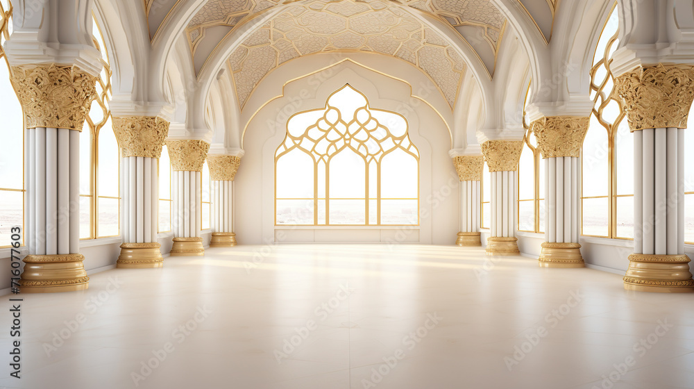 empty islamic room illustration, white and gold colors