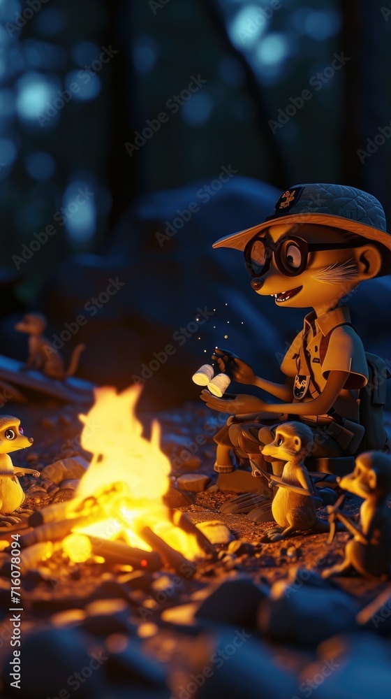 Cartoon digital avatar of a Meerkat Scout Leader roasting marshmallows with a group of young meerkat scouts around a campfire. Cartoon digital avatar of a Meerkat Scout Leader roasting marshmallows with a group of young meerkat scouts around a campfire.