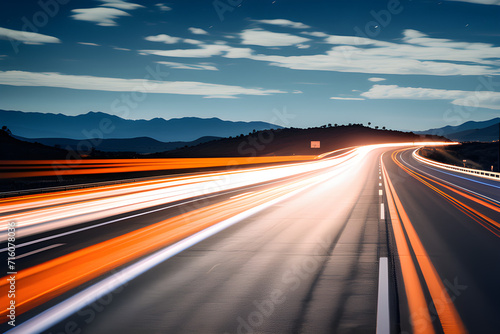 Light and movement on the night road: long exposure of orange and blue lines generative ai