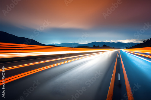 Light and movement on the night road: long exposure of orange and blue lines generative ai
