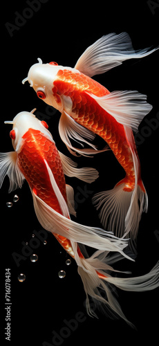 Experience the intricate beauty of koi fish swimming away in the dark, echoing the style of David Burdeny. This high-resolution HD image showcases their graceful poses in red and white. AI generative photo
