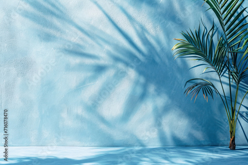 Minimal product placement background with palm shadow on blue plaster wall. Luxury summer architecture interior aesthetic. Boho home room for product platform stage mockup.