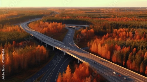 Fényképezés Aerial view of highway and overpass with autumn color Ai Generative
