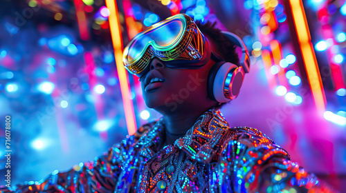 Virtual Dance Party: A Kid Wearing Chunky Headphones Dances in a Neon-Lit Room, Surrounded by Animated Disco Lights and Virtual Reality Effects, Creating a Kaleidoscopic Experience