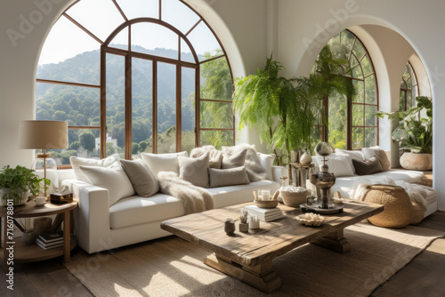 Experience luxury in this Hollywood glam living room featuring a white sofa, rustic elements, and a wooden stamp coffee table against an arched window. AI generative