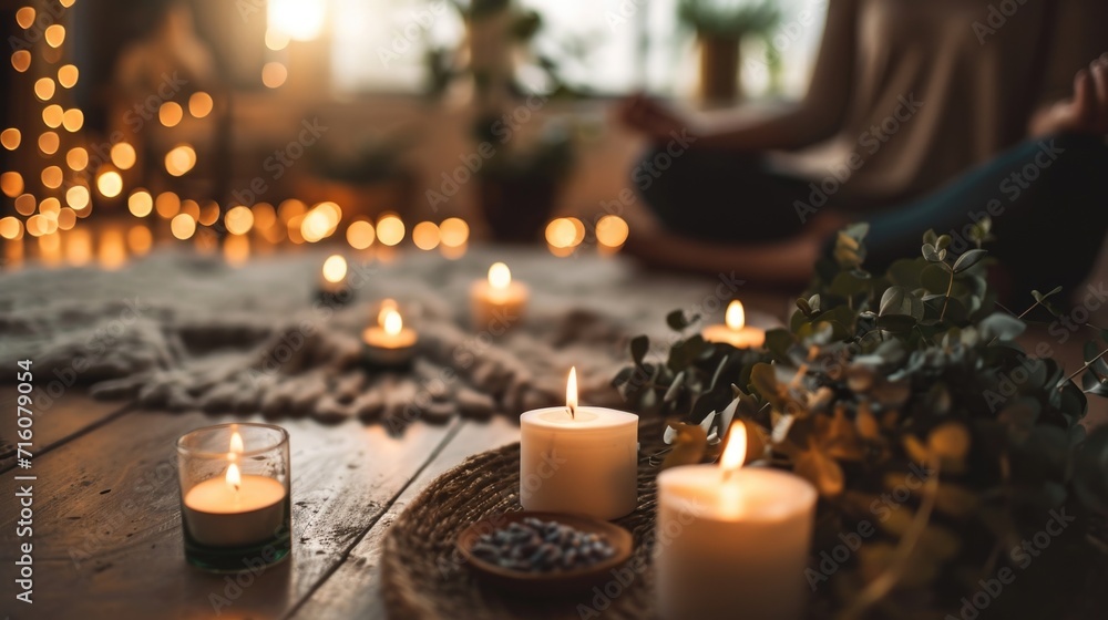 Aromatic candles flickering beside a person in a meditative pose, filling the room with the soothing fragrance of eucalyptus and peppermint. Aromatic candles flickering beside a person in a meditative pose, filling the room with the soothing fragrance of eucalyptus and peppermint.