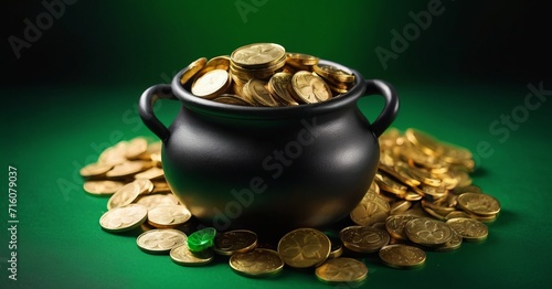 Irish pot filled with gold coins, on a green background. for card, banner, poster, flyer. Concept related to luck and wealth for St. Patrick's Day.