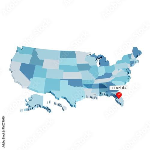 3D USA states map with pin location in Florida