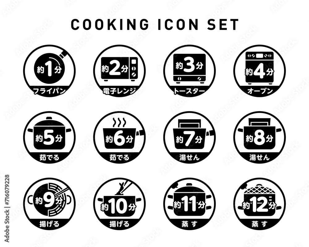 モノクロの丸フレームベクター調理アイコンセット：調理方法と時間