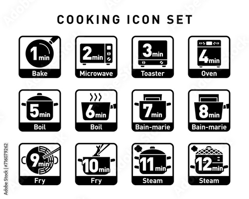 モノクロの四角フレームベクター調理アイコンセット：調理方法と時間