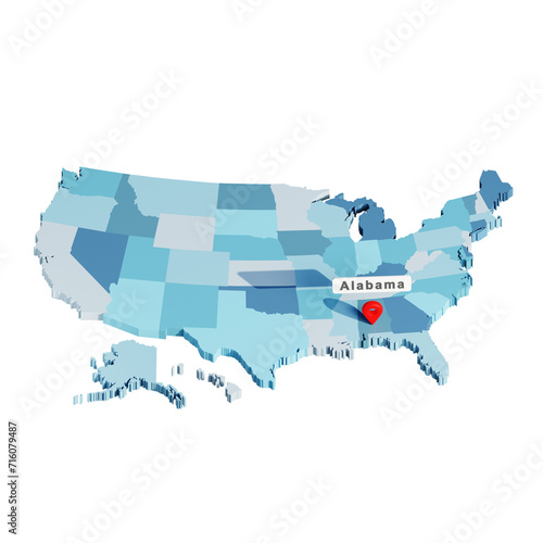 3D USA states map with pin location in Alabama