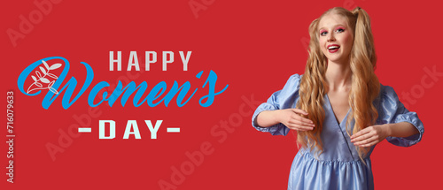Beautiful young girl dressed as doll on red background. Greeting banner for Women's Day