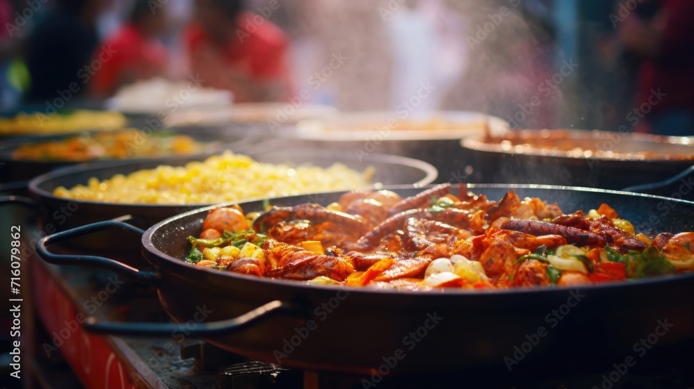 Closeup of mouthwatering traditional dishes being cooked at a festival food stall. Closeup of mouthwatering traditional dishes being cooked at a festival food stall.
